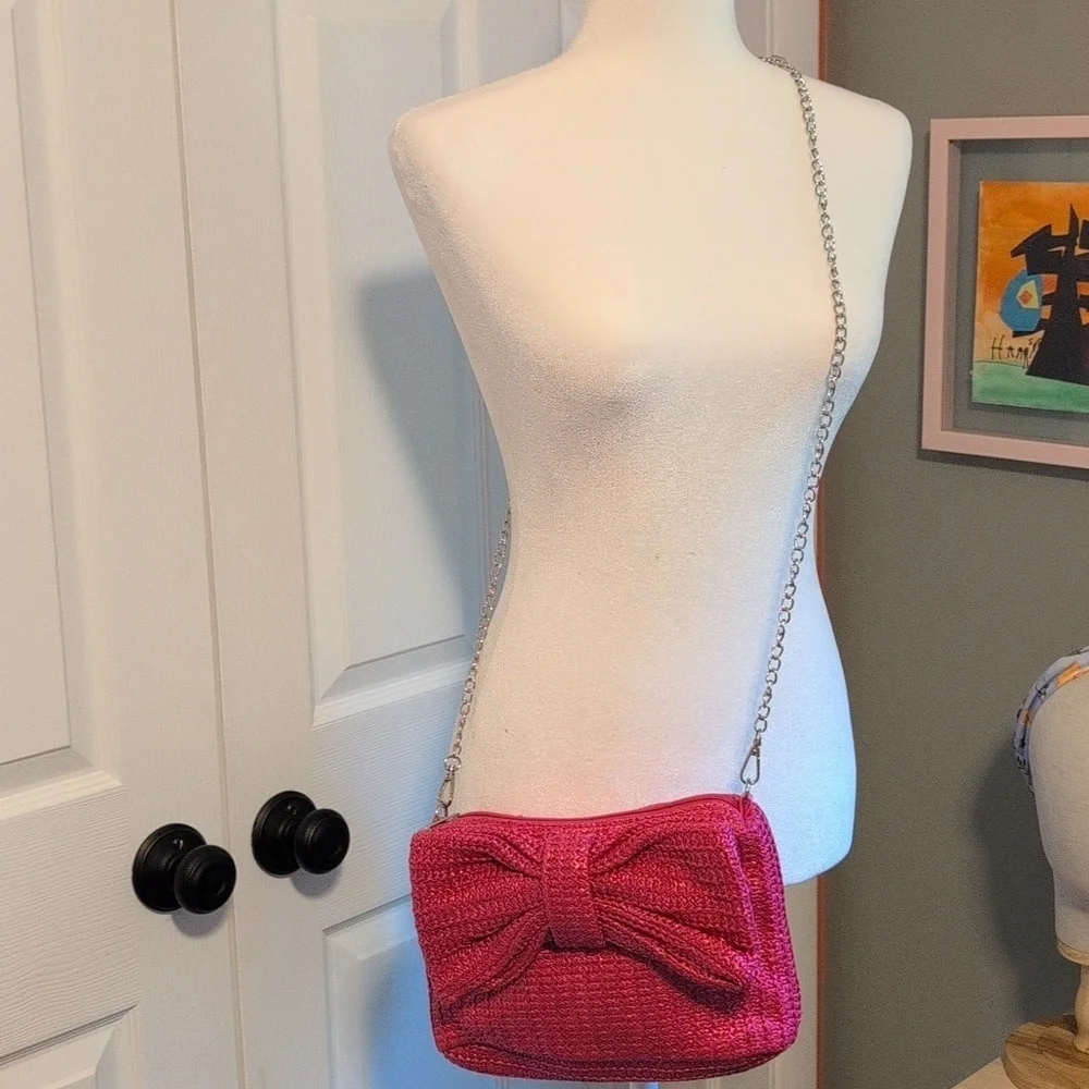 Women's Pink Straw Bow Clutch Handbag NWOT